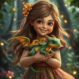 A young girl holding a baby dragon in her arms, the girl has long flowing hair and is wearing a colorful dress, filled with joy and wonder
