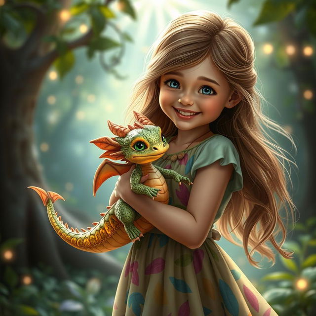 A young girl holding a baby dragon in her arms, the girl has long flowing hair and is wearing a colorful dress, filled with joy and wonder