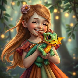 A young girl holding a baby dragon in her arms, the girl has long flowing hair and is wearing a colorful dress, filled with joy and wonder