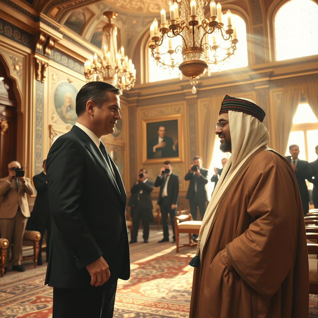 A dramatic scene depicting an historic meeting between the President of the United States and Prince Reza Pahlavi at Niavaran Palace in Tehran, the day after the fall of the Islamic Republic