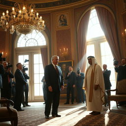 A dramatic scene depicting an historic meeting between the President of the United States and Prince Reza Pahlavi at Niavaran Palace in Tehran, the day after the fall of the Islamic Republic