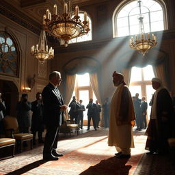 A dramatic scene depicting an historic meeting between the President of the United States and Prince Reza Pahlavi at Niavaran Palace in Tehran, the day after the fall of the Islamic Republic