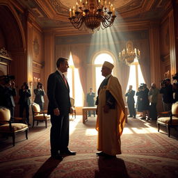 A dramatic scene depicting an historic meeting between the President of the United States and Prince Reza Pahlavi at Niavaran Palace in Tehran, the day after the fall of the Islamic Republic