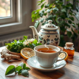 A warm and inviting scene of herbal tea being served in a cozy setting