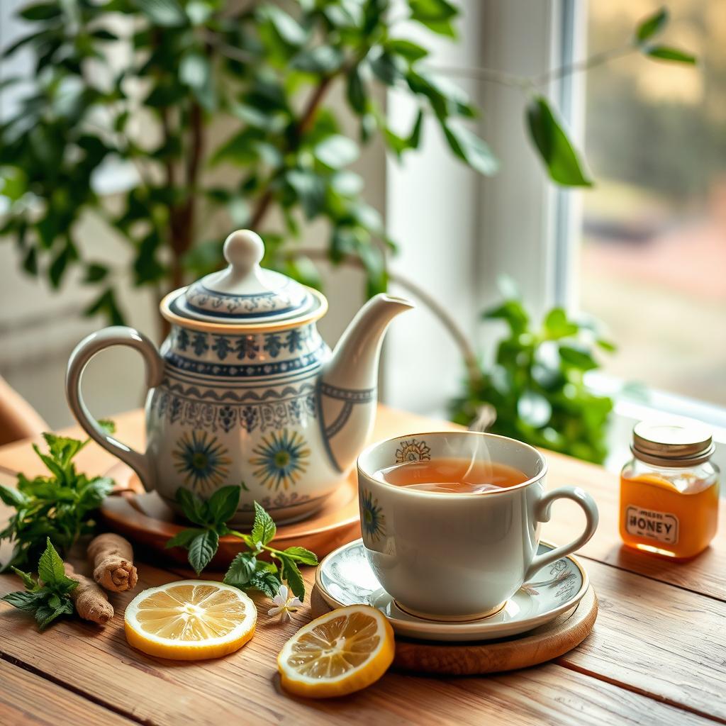 A warm and inviting scene of herbal tea being served in a cozy setting