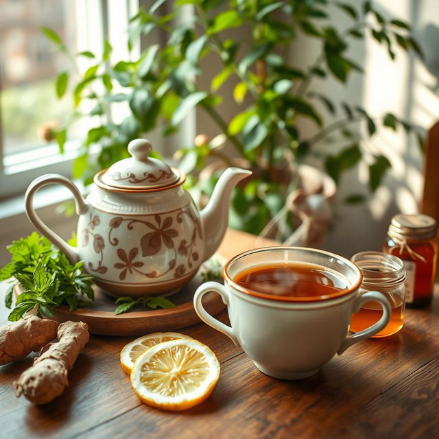 A warm and inviting scene of herbal tea being served in a cozy setting