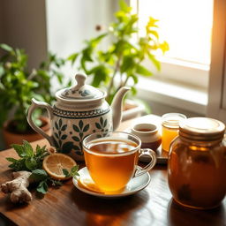 A warm and inviting scene of herbal tea being served in a cozy setting