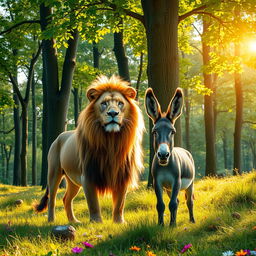 A majestic lion and a playful donkey standing together in a lush green forest