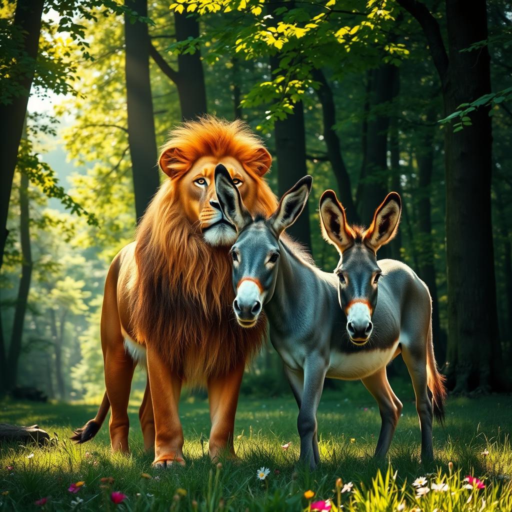 A majestic lion and a playful donkey standing together in a lush green forest