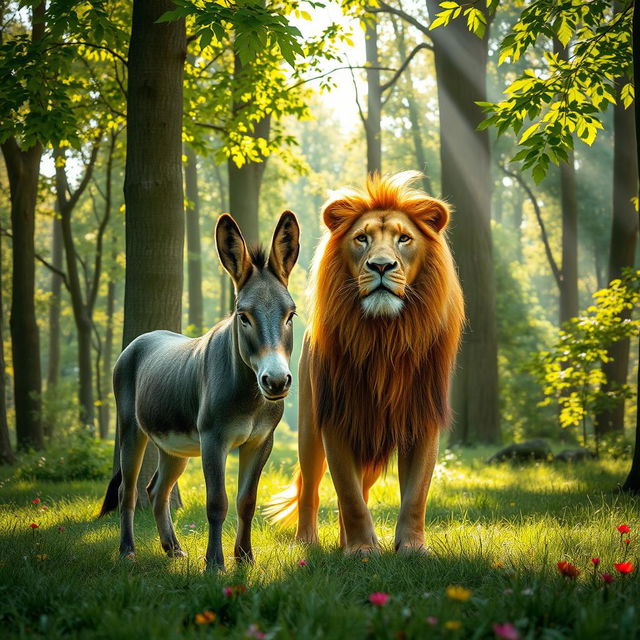 A majestic lion and a playful donkey standing together in a lush green forest