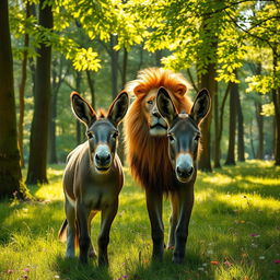 A majestic lion and a playful donkey standing together in a lush green forest