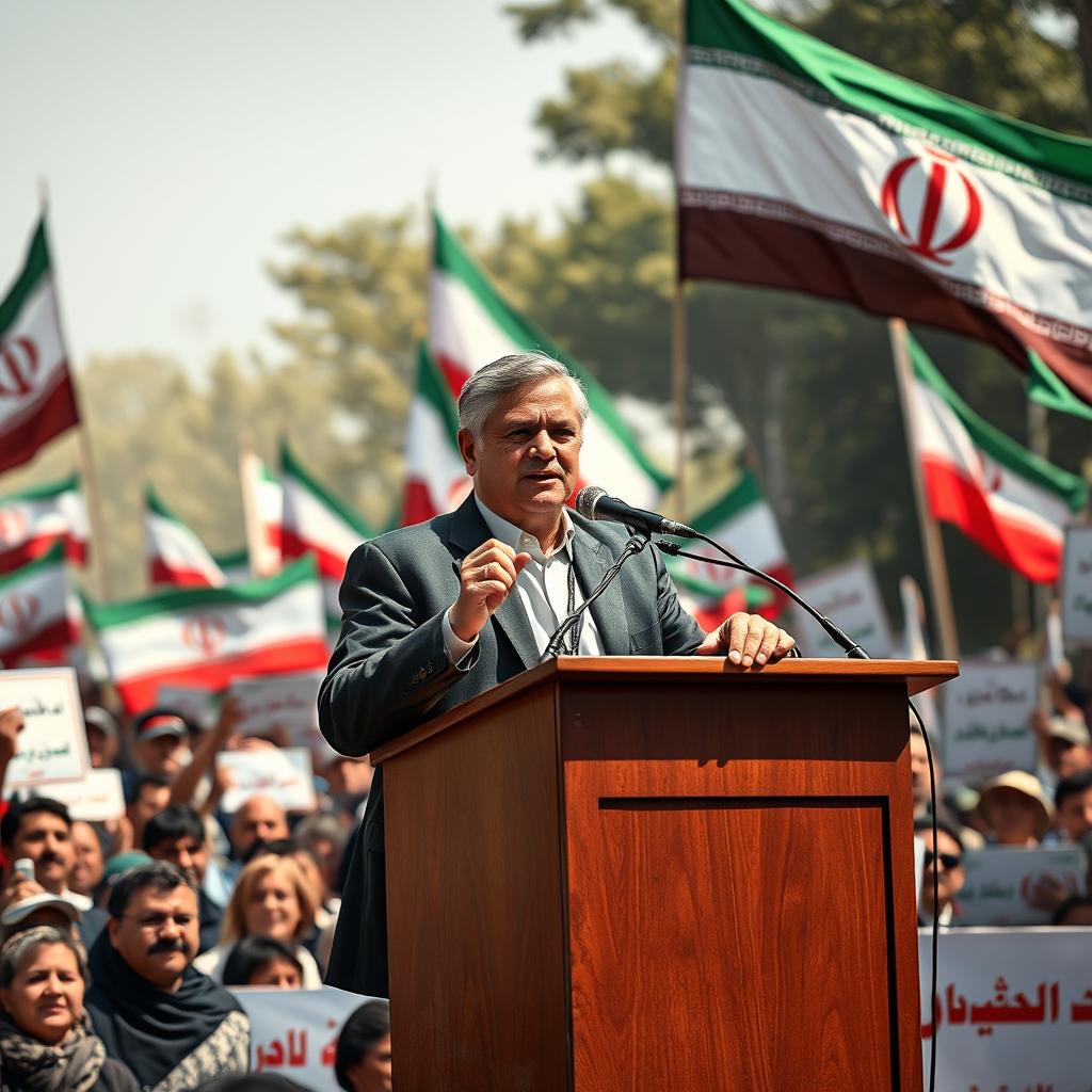 A powerful and charismatic leader of the opposition against the Islamic Republic, standing on a podium at a large rally with a crowd of diverse supporters holding banners