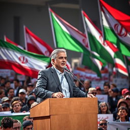 A powerful and charismatic leader of the opposition against the Islamic Republic, standing on a podium at a large rally with a crowd of diverse supporters holding banners