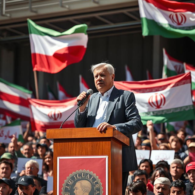 A powerful and charismatic leader of the opposition against the Islamic Republic, standing on a podium at a large rally with a crowd of diverse supporters holding banners