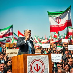 A powerful and charismatic leader of the opposition against the Islamic Republic, standing on a podium at a large rally with a crowd of diverse supporters holding banners