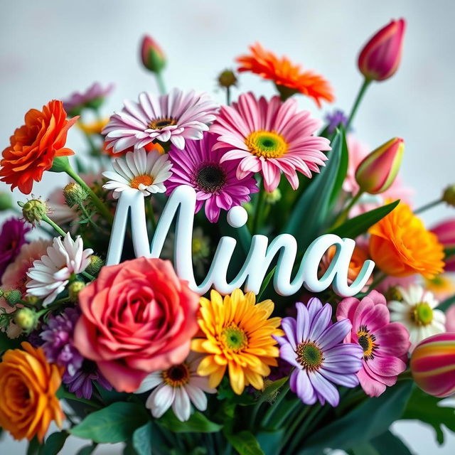 A beautiful flower arrangement featuring vibrant and colorful flowers like roses, daisies, and tulips, with the name 'Mina' artistically integrated into the design