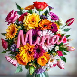 A beautiful flower arrangement featuring vibrant and colorful flowers like roses, daisies, and tulips, with the name 'Mina' artistically integrated into the design