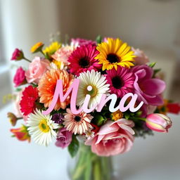 A beautiful flower arrangement featuring vibrant and colorful flowers like roses, daisies, and tulips, with the name 'Mina' artistically integrated into the design
