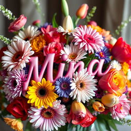 A beautiful flower arrangement featuring vibrant and colorful flowers like roses, daisies, and tulips, with the name 'Mina' artistically integrated into the design