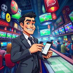 An artistic rendering of a character named Jez Qz depicted as a charismatic bet agent in a bustling sports betting environment