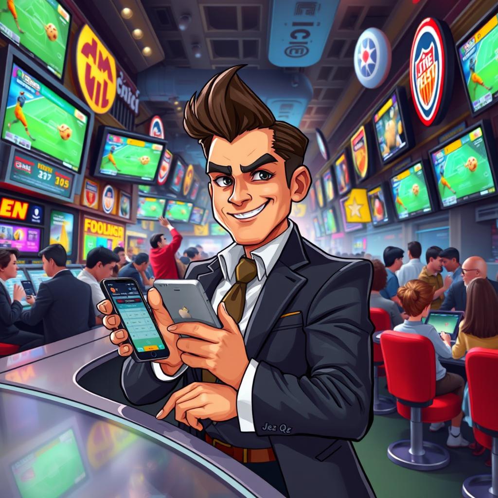 An artistic rendering of a character named Jez Qz depicted as a charismatic bet agent in a bustling sports betting environment