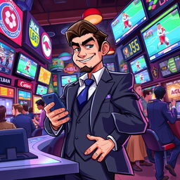 An artistic rendering of a character named Jez Qz depicted as a charismatic bet agent in a bustling sports betting environment