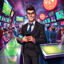 An artistic rendering of a character named Jez Qz depicted as a charismatic bet agent in a bustling sports betting environment
