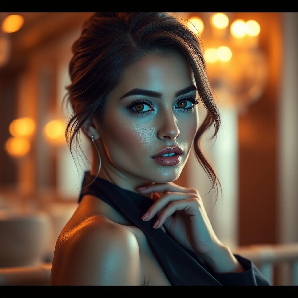 A realistic and sensual close-up of a glamorous model with beautiful features, featuring vibrant lighting that accentuates the curves and elegance