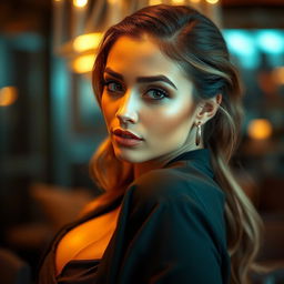 A realistic and sensual close-up of a glamorous model with beautiful features, featuring vibrant lighting that accentuates the curves and elegance