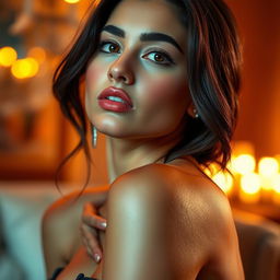 A realistic and sensual close-up of a glamorous model with beautiful features, featuring vibrant lighting that accentuates the curves and elegance