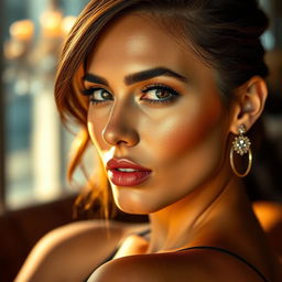 A realistic and sensual close-up of a glamorous model with beautiful features, featuring vibrant lighting that accentuates the curves and elegance