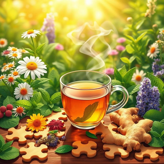 A fragrant herbal tea puzzle, beautifully illustrated with vibrant images of various medicinal herbs like chamomile, peppermint, and ginger