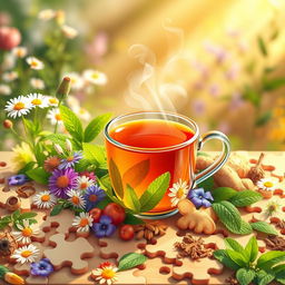 A fragrant herbal tea puzzle, beautifully illustrated with vibrant images of various medicinal herbs like chamomile, peppermint, and ginger