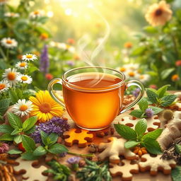 A fragrant herbal tea puzzle, beautifully illustrated with vibrant images of various medicinal herbs like chamomile, peppermint, and ginger