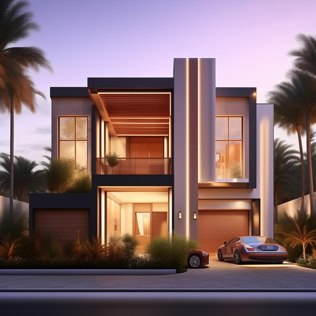 Design a beautiful three-story building on a 100ft x 30ft plot. Features include a garage on the right side of the building with a staircase inside, all using modern architectural style.