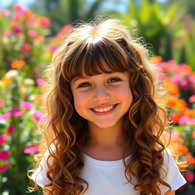 A beautiful girl with long curly hair, styled with bangs