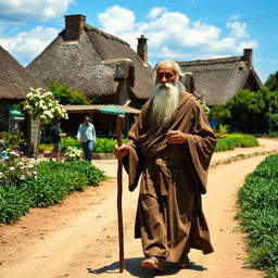 An elderly wise man walking along a dirt road in a picturesque village setting