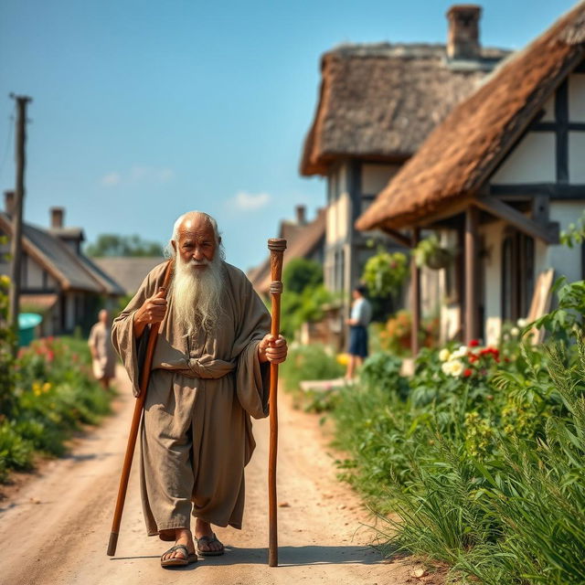 An elderly wise man walking along a dirt road in a picturesque village setting