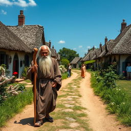 An elderly wise man walking along a dirt road in a picturesque village setting