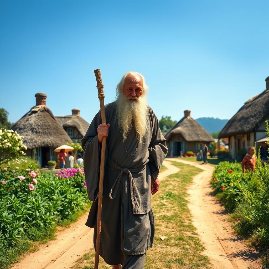 An elderly wise man walking along a dirt road in a picturesque village setting