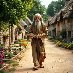 An elderly wise man with a long gray beard, wearing a flowing robe, walking along a dirt road in a quaint village