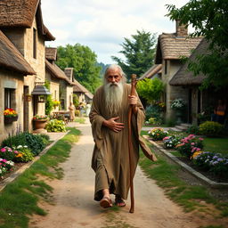 An elderly wise man with a long gray beard, wearing a flowing robe, walking along a dirt road in a quaint village