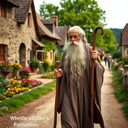 An elderly wise man with a long gray beard, wearing a flowing robe, walking along a dirt road in a quaint village