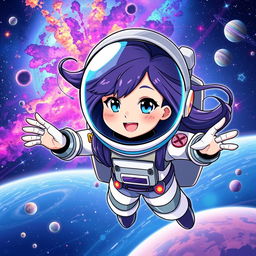 A vibrant and dynamic cartoon or anime-style illustration of a female astronaut floating in space