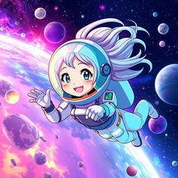 A vibrant and dynamic cartoon or anime-style illustration of a female astronaut floating in space
