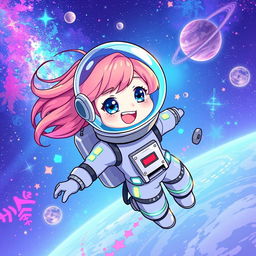 A vibrant and dynamic cartoon or anime-style illustration of a female astronaut floating in space