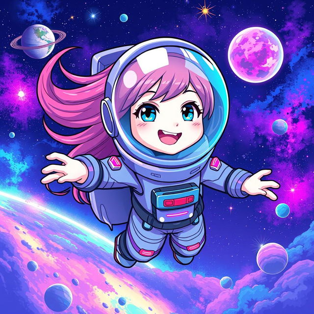 A vibrant and dynamic cartoon or anime-style illustration of a female astronaut floating in space