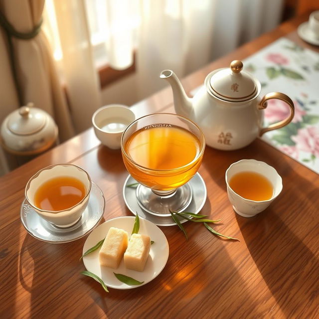 A beautifully arranged tea set featuring 'Niyousha' tea, including a delicate teapot and elegant teacups on a wooden table