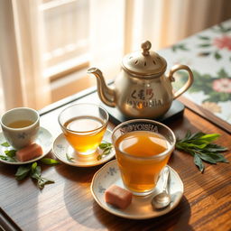 A beautifully arranged tea set featuring 'Niyousha' tea, including a delicate teapot and elegant teacups on a wooden table