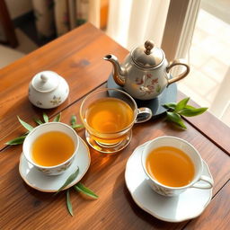 A beautifully arranged tea set featuring 'Niyousha' tea, including a delicate teapot and elegant teacups on a wooden table